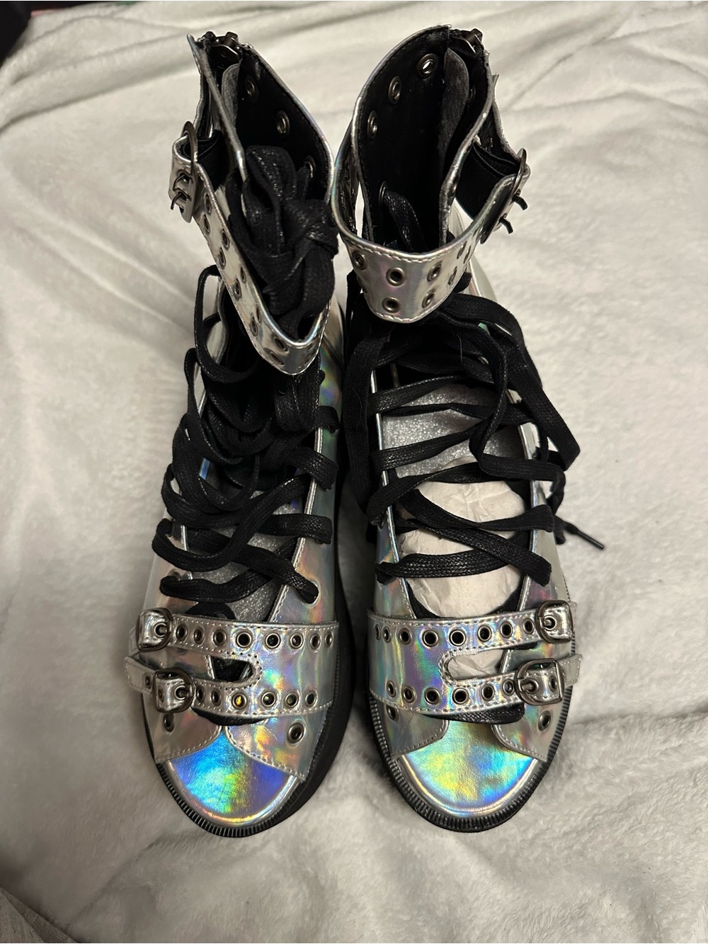 Demonia Holographic Silver Black Lace-Up Platform Sandals GRIP105/SHGVL Vegan - Picture 2 of 7